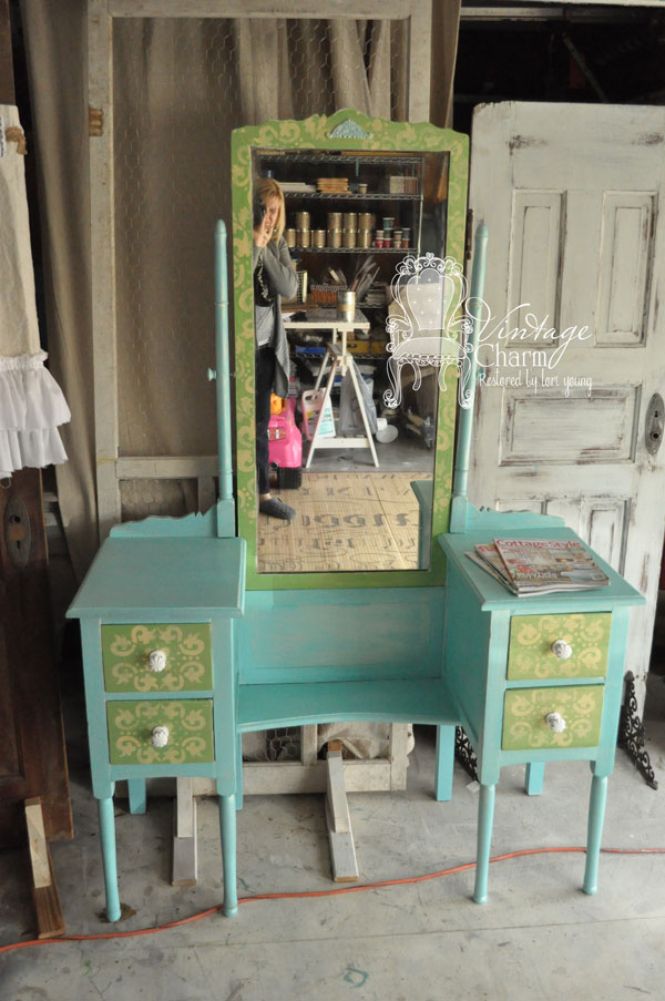 Antique Painted Vanity Antique Furniture antique-painted-vanity - Spring Inspired Aqua Painted Vanity - Vintage Charm Restored - - Antique Painted Vanity Antique Furniture
